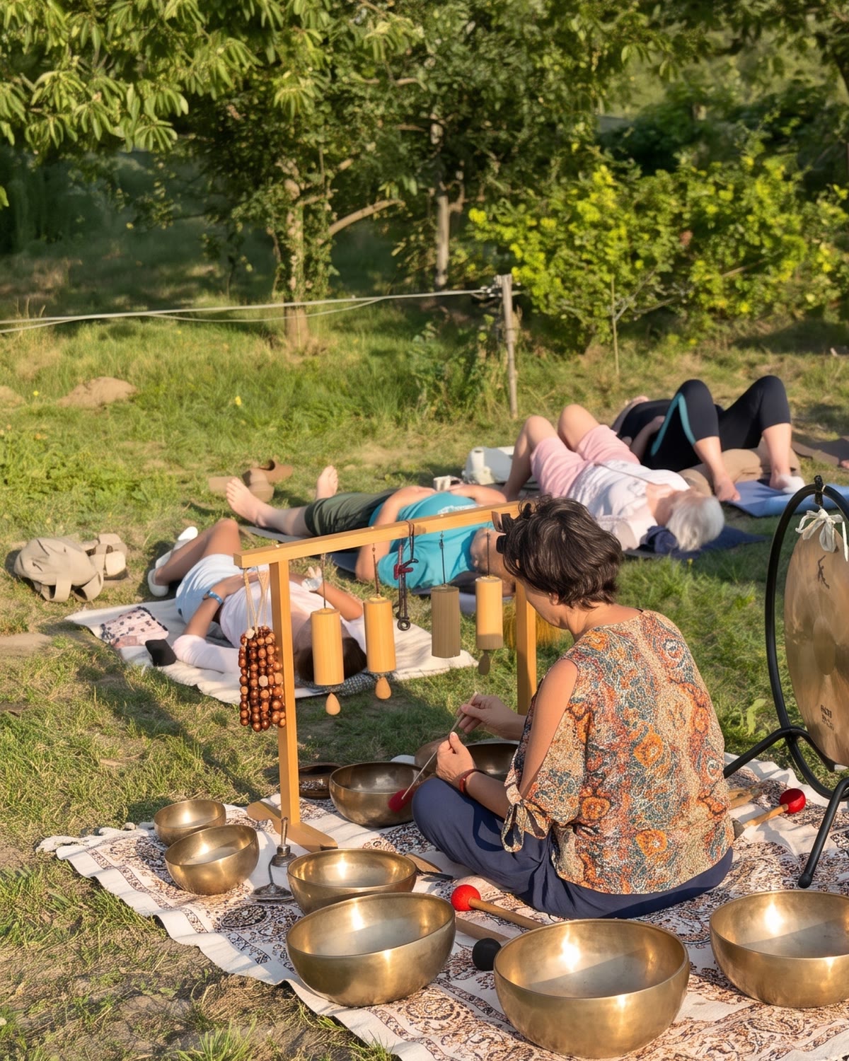 Hangfürdő a levendulakertben, pihenő vendégekkel